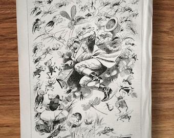 Original Antique 1890 Buzzy Time for The Ministry of Agriculture Punch Magazine Book Print Picture Cartoon Lithograph , Flying Insects Bugs