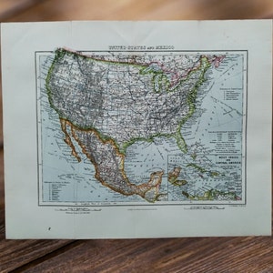 Antique 1890 Map of The United States and Mexico Book Print Lithograph , Antique World Maps Wall Art , Historical Maps , American States USA