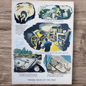 1950s Children&#39;s Book Art Print: Archeology Explorers Illustration