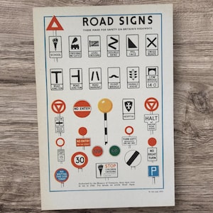Original Vintage 1950er Jahre Britisches Fahren Straßenschilder Buchdruck Bild Lithographie-Druck: Landstraße Sicherheits-Ministerium für Transport Wandkunst Geschenk