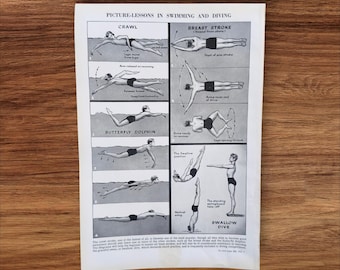 Stampa fotografica originale del libro di nuoto e immersioni degli anni '50, diagramma delle bracciate delle lezioni di nuoto, regalo di decorazione da parete, costumi da bagno