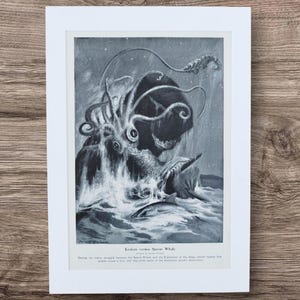 Antique Sea Kraken vs Whale Print - 1915 Steampunk Wall Art