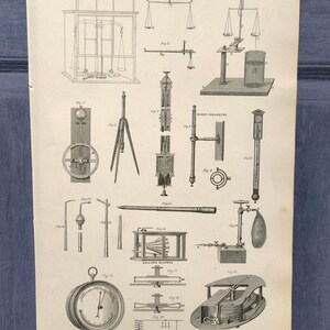 May include: An antique scientific illustration featuring various instruments, including balances, barometers, and blowpipes. The black and white print showcases detailed diagrams of scientific tools, with text at the top reading "BALANCE. BAROMETER. BLOWPIPE."