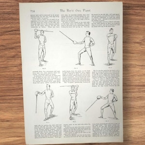 May include: A vintage page from The Boy's Own Paper, numbered 734, featuring six black and white line drawings of individuals in fencing gear demonstrating various sword techniques, accompanied by detailed instructional text in English.