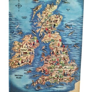 Mappa originale vintage degli anni '50 della Gran Bretagna, Scozia, Irlanda, Isole Britanniche e Galles, stampa artistica da parete per bambini, libro di caricature