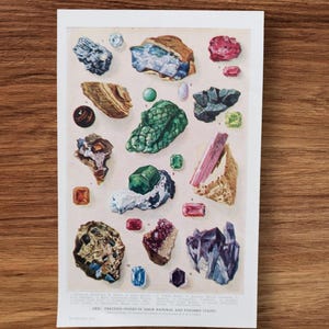 Echte vintage jaren 1930 edelstenen kristallen mineralen boek afdrukken diagram afbeelding, stenen en diamanten edelstenen steen edelsteen foto kunst aan de muur