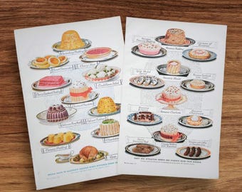Pode incluir: Duas impressões de papel retangulares de estilo vintage com ilustrações coloridas de várias sobremesas e pratos salgados em pratos. Cada item é rotulado com texto como Canterbury Pudding, Cherry Flan, Banana Princess Pudding e Banana Eclairs.