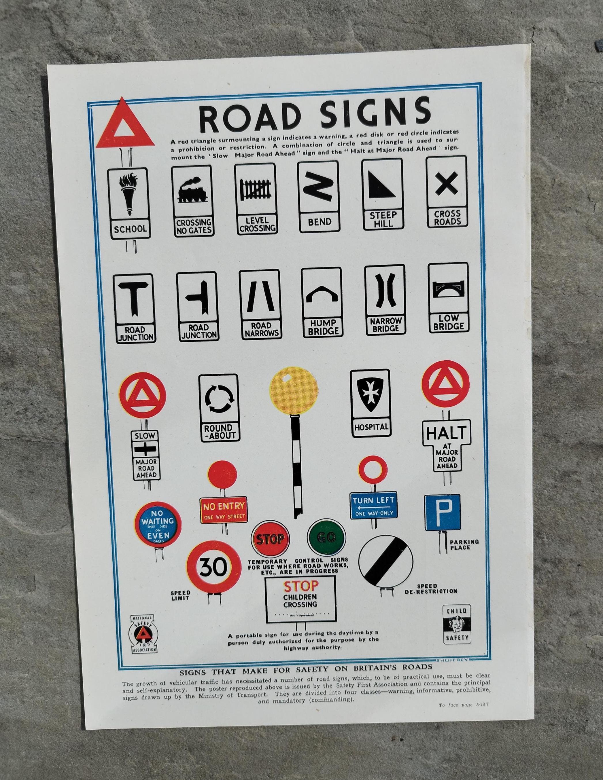 Vintage 1950s Road Signs Book Lithograph Print , Ministry of