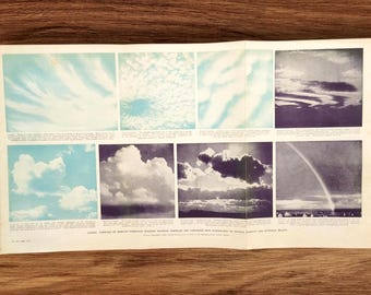 Litografía original antigua de la década de 1920 sobre diferentes tipos de formación de nubes, meteorología, aerosales, diagrama de nubes de agua, arte mural.