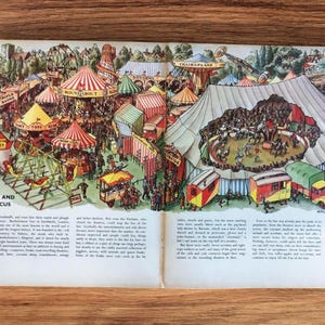 Original Vintage 1950er Jahre Bartholomew Fair Smithfield London Big Top Travelling Circus Doppelbuchdruck Bild Lithographie, Spaß Der Messe