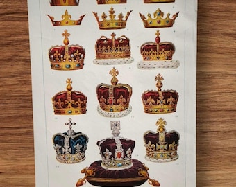 May include: A vintage-style print featuring fifteen detailed illustrations of British royal crowns arranged in a grid, with a large crown resting on a purple velvet cushion at the bottom. The text at the bottom reads: CROWN: EMBLEMS OF SOVEREIGNTY WORN BY BRITISH MONARCHS SINCE THE CONQUEST.