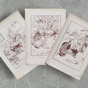 Zestaw 3 oryginalnych antycznych książek z 1915 r. z rysunkami królików, litografiami obrazkowymi, rysunkami i ilustracjami do książek z przygodami królika dla dzieci