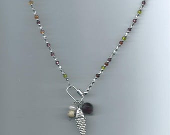 handmade fish charm beaded necklace with repurposed & vintage beads | silver-tone clasps