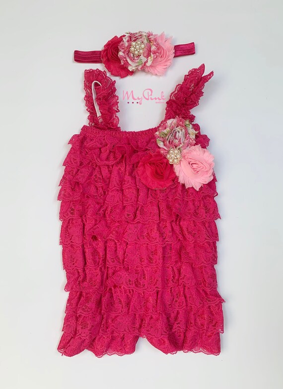 Hot pink Lace Romper set for Baby Girl Ruffle Lace romper Etsy
