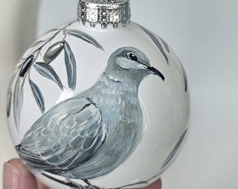 Hand Painted Ornament/Dove and Olive Branches/Chinesorie Style ornament/Unique gift/Gift Box/white Glass Globe/Ornament Hanger