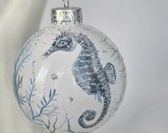 Hand Painted Ornament/Seahorse/Chinesorie Style ornament/Unique gift/Gift Box/white Glass Globe/Ornament Hanger