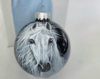 Hand Painted White Horse in a Winter Scene Ornament: Dark Blue Glossy Glass Globe