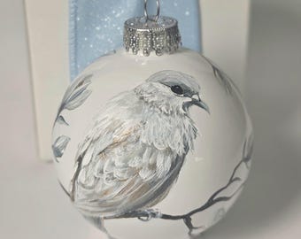 Hand Painted Ornament/Dove in Magnolia Branches/Chinesorie Style ornament/Unique gift/Gift Box/white Glass Globe/Ornament Hanger