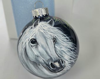 Hand Painted White Horse with Holly and berries Ornament: Dark Blue Glossy Glass Globe