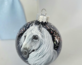 Hand Painted White Horse in a Winter Scene Ornament: Dark Blue Glossy Glass Globe