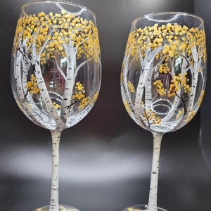 Hand Painted Fall Aspen Tree Wine Glass