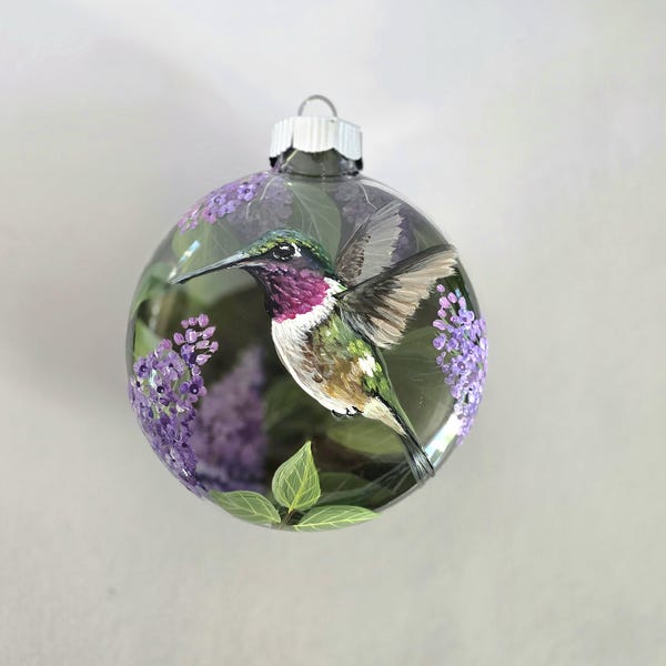 Hand Painted Hummingbird Ornament: 3D Lilac Garden Scene, Gift Box