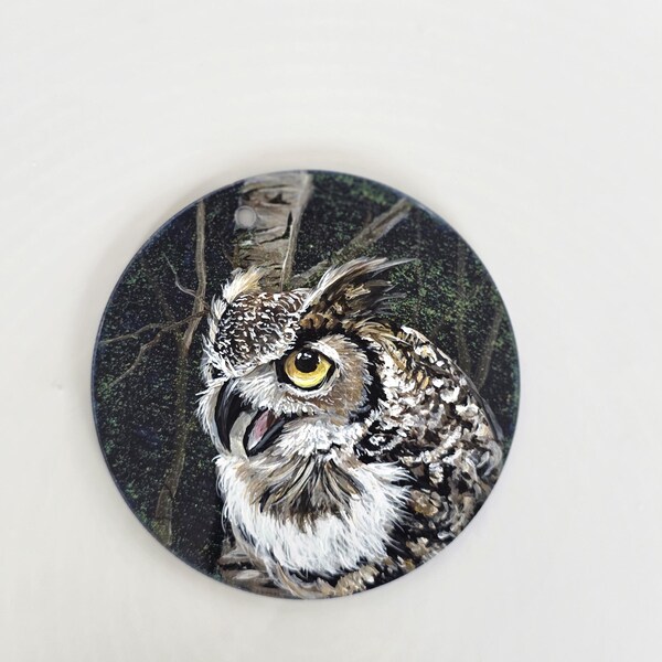 Hand Painted Great Horned Owl: Night Fall Scene/acrylic flat disk