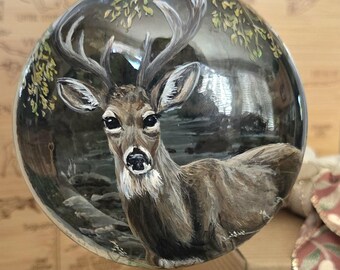 Hand Painted Ornament/3D effect/Buck Whitetail deer in Autumn water  Scenery/glass disk/Gift Box/Ornament Hanger