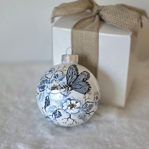 Hand Painted Ornament/blue and white ornament/Unique gift/butterfly Collectible/Gift Box/white Glass Globe/Ornament Hanger