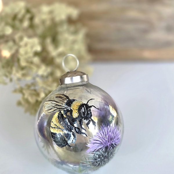 Hand Painted Bee and Thistle Ornament: Antique Look Glass Globe, Gift Box
