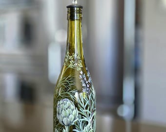 Hand painted Oil Bottle with Artichokes Dill and Rosemary/Oil bottle/Unique Gift