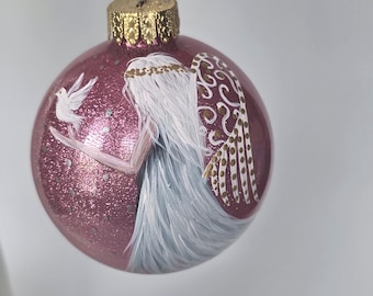 Hand Painted Angel of peace Ornament: Pink glitter Glass Globe with Gift Box