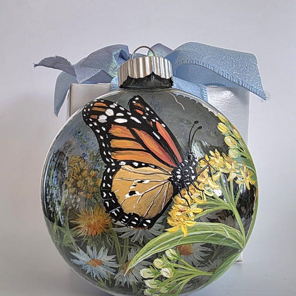 Hand Painted Ornament/Monarch butterfly in a flower garden/3D effect/Gift Box/Ornament Hanger