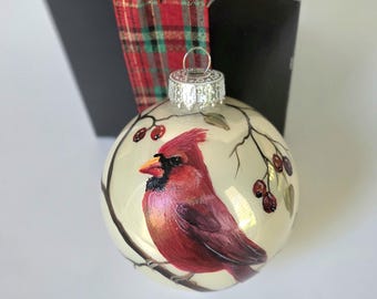 Hand-Painted Red Cardinal Christmas Ornament: Ivory Glossy Glass Globe, Gift Box
