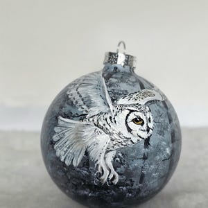 Hand Painted Christmas Ornament/Snowy Owl Moonlight Forest Scene /Unique gift/Bird Collectible/Gift Box/Glass Ornament/Owl Ornament Hanger