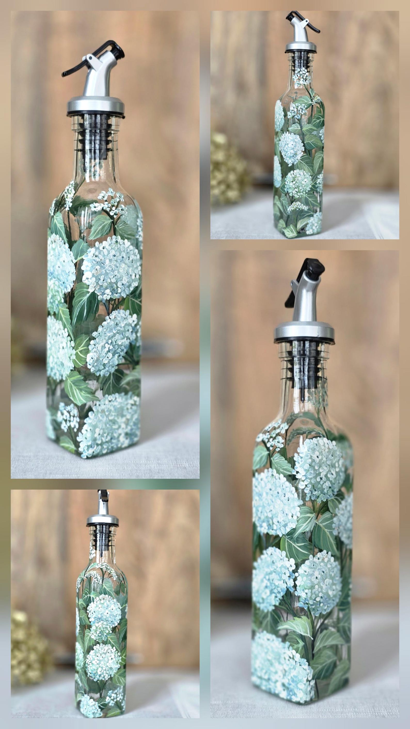 Hand Painted Hydrangea Oil/Vinegar Dispenser: Unique Kitchen Decor 8.8 ozs