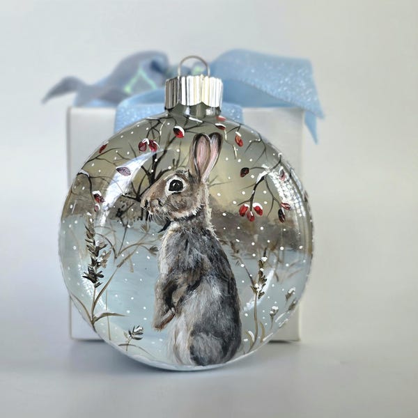 Hand-Painted Bunny Ornament: 3D Snowy Scenery