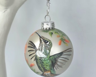 Hand Painted Hummingbird Ornament: Matt Pearl Globe with Trumpet Vine