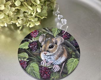 Hand Painted Cute Mouse in Wild Berries Christmas Ornament: acrylic flat disk