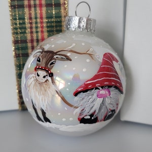 Hand-Painted Nordic Gnome and Reindeer Glass Ornament (65mm)