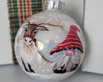 Hand-Painted Nordic Gnome and Reindeer Glass Ornament (65mm)
