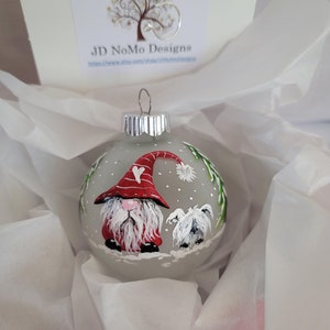 Hand painted Nordic Gnome and his Dog/Frosted Glass Globe painted ornament/Gift box and ornament hanger included