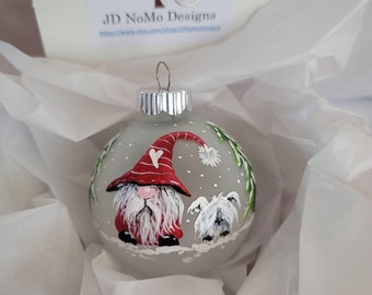 Hand Painted Nordic Gnome Ornament: Frosted Glass Globe with Dog