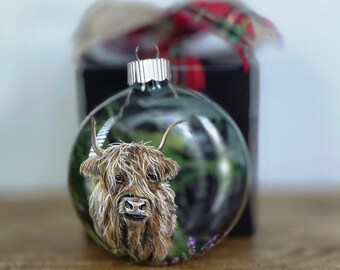 Hand-Painted Highland Cow Ornament: 3D Scottish Coastal Scene/Glass disk
