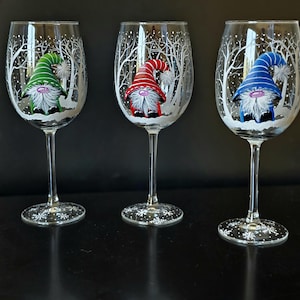 Hand Painted Winter wine glass/Holiday Gnome in Winter Forest wine glass