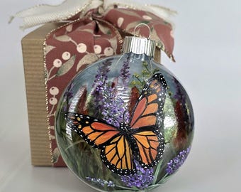 Hand Painted Ornament/Monarch butterfly in a flower garden/3D effect/Gift Box/Ornament Hanger