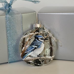 Hand Painted Christmas Ornament/3D effect/glass disc/Bluejay/Unique gift/Bird Lovers gift/Gift Box/Ornament Hanger