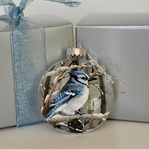 Hand Painted Blue Jay Christmas Ornament: 3D Winter Scene, Glass Disc