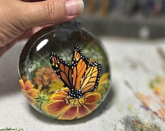 Hand Painted Ornament/Monarch butterfly in a flower garden/3D effect/Gift Box/Ornament Hanger