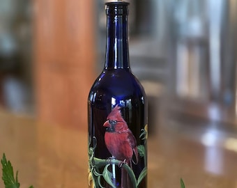 Hand Painted Oil/Vinegar bottle:Male Red Cardinal with Sunflowers/Blue Glass